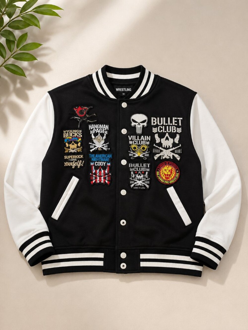 Bullet club Black/White Varsity Bomber Jacket - Punk Patch Design, Size L